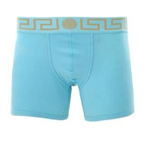 NEW VERSACE men's long trunk with greca border in light blue/gold